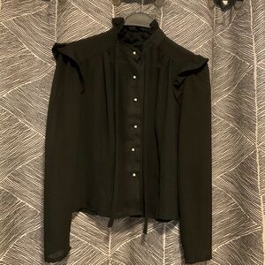 True vintage high ruffle collar black front button cover up